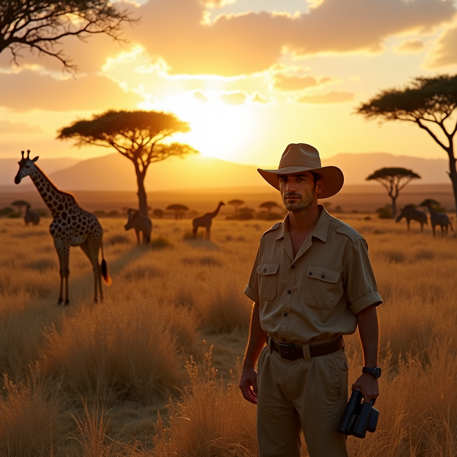 man wearing rugged safari outfit, khaki clothes, and a pith helmet, holding a pa