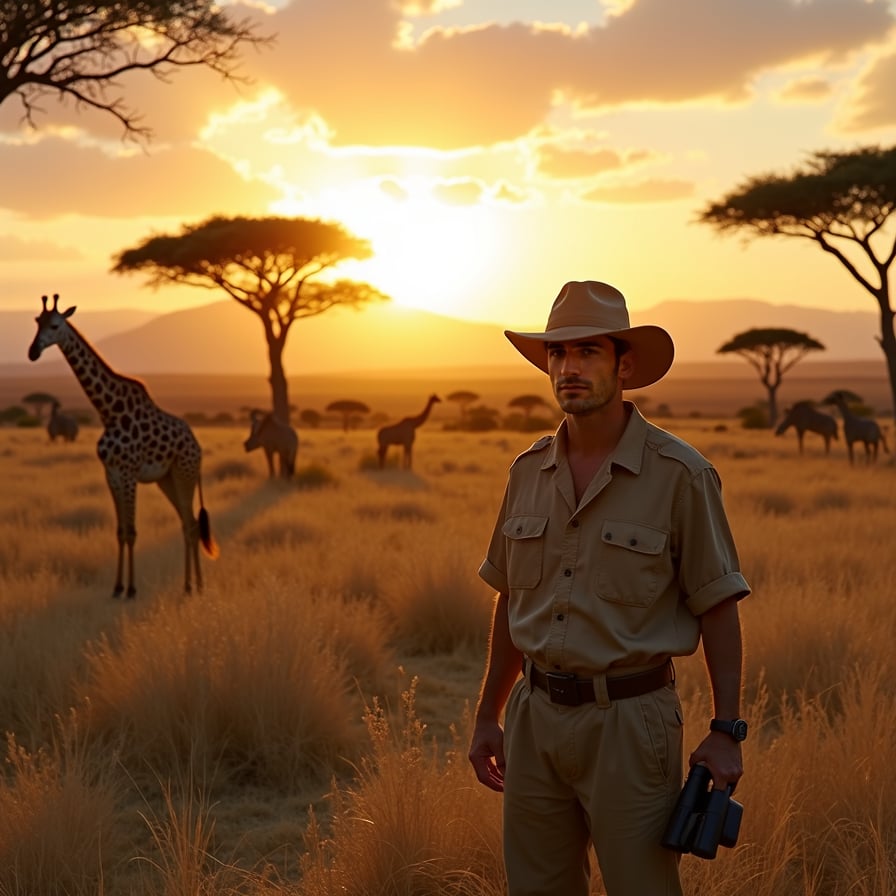 man wearing rugged safari outfit, khaki clothes, and a pith helmet, holding a pair of binoculars, standing in front of a majestic African savannah landscape at sunset with acacia trees and giraffes grazing in the distance, warm golden light casting a glow on the scene.