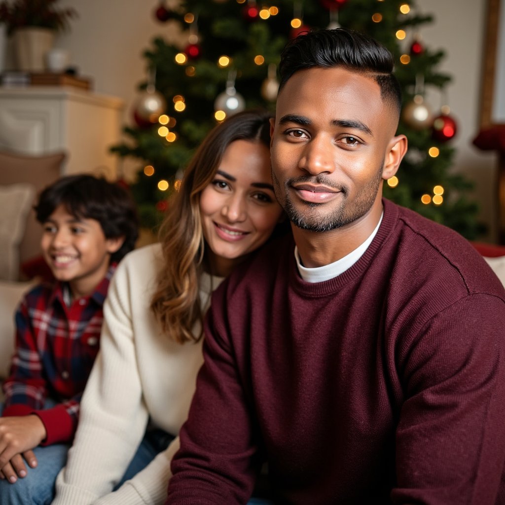 Waist-up couple’s Christmas portrait featuring a man as the main subject, seated at slight angle toward the camera with a relaxed expression and gentle smile. He wears a deep burgundy wool sweater layered over a white crew tee; wool fibers subtly defined. Hair: neat textured quiff; light groomed stubble.
Lighting: soft, warm holiday portrait lighting—tree lights providing golden ambient glow, with a soft studio-style key from camera-right ensuring sharp facial detail; faint rim light separating his hair from background.
Partner & scene details:
Beside him and slightly behind (still clear but lightly blurred to keep focus on him), his partner leans in warmly, wearing a soft cream sweater, smiling gently. Behind them, seated on the floor, a younger sibling or family friend in a red plaid top laughs while holding a small ornament. The scene suggests a natural, candid family moment but with no motion from the main subject.
Background: decorated tree with gold lights, a couple of wrapped gifts, soft garland; minimal clutter, shallow background bokeh.
Camera: 50mm f/1.6, eye-level; highly realistic, highly detailed, HDR, showing sweater weave, beard grain, and warm Christmas tones.