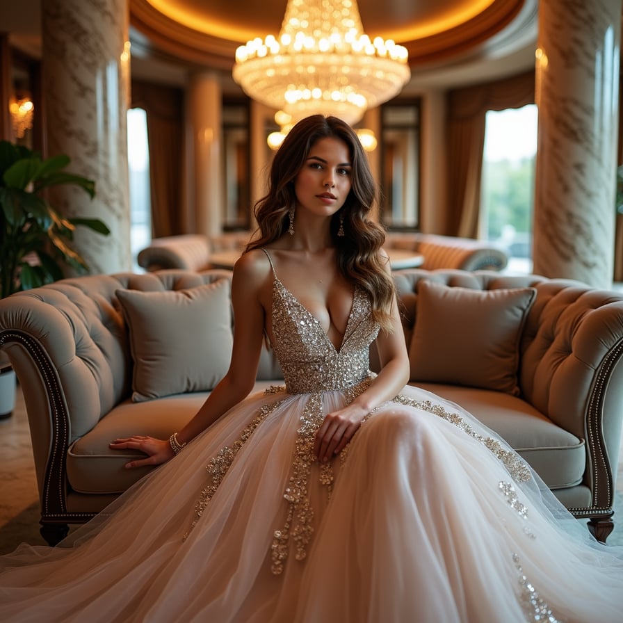 woman in luxurious evening gown, adorned with statement jewelry, radiating glamour under the lavish chandeliers and opulent decorations of a high-end party venue.