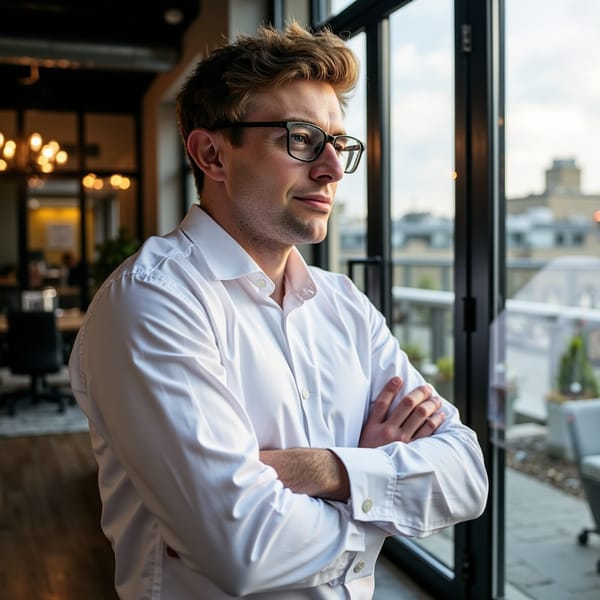 man in a crisp white dress shirt with an open collar, his thin-framed glasses catching the gentle glow of natural light from a large nearby window. His expression is calm, subtly hinting at a half-smile, with light stubble and visible skin pores adding to the photorealistic detail, while reflections play across his lenses. The background blurs into the warm, inviting expanse of an open-plan office, bathed in the soft, diffused light.