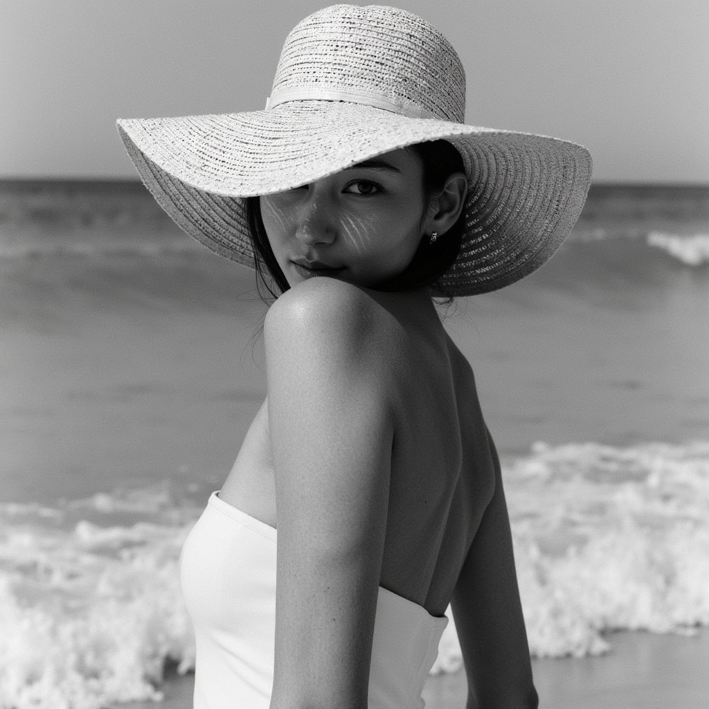 Adult woman — monochrome beachfront close-up portrait (black & white); attire: classic bandeau bikini (matte white) with a wide-brim raffia sunhat; hair: loose waves tucked behind one ear; pose: shoulders angled 20°, eyes to camera with soft smile; camera: 105mm macro used as portrait, f/3.5, ISO 100, 1/1250s; lighting: late-afternoon side light for crisp micro-contrast, white bounce for fill; background: blurred surf line and sky gradient, minimal elements; details: fine weave of hat brim sharply resolved, subtle fabric grain of bandeau, defined yet natural skin texture—no plasticity; style: highly realistic, highly detailed, HDR tonality in B&W, timeless fashion.