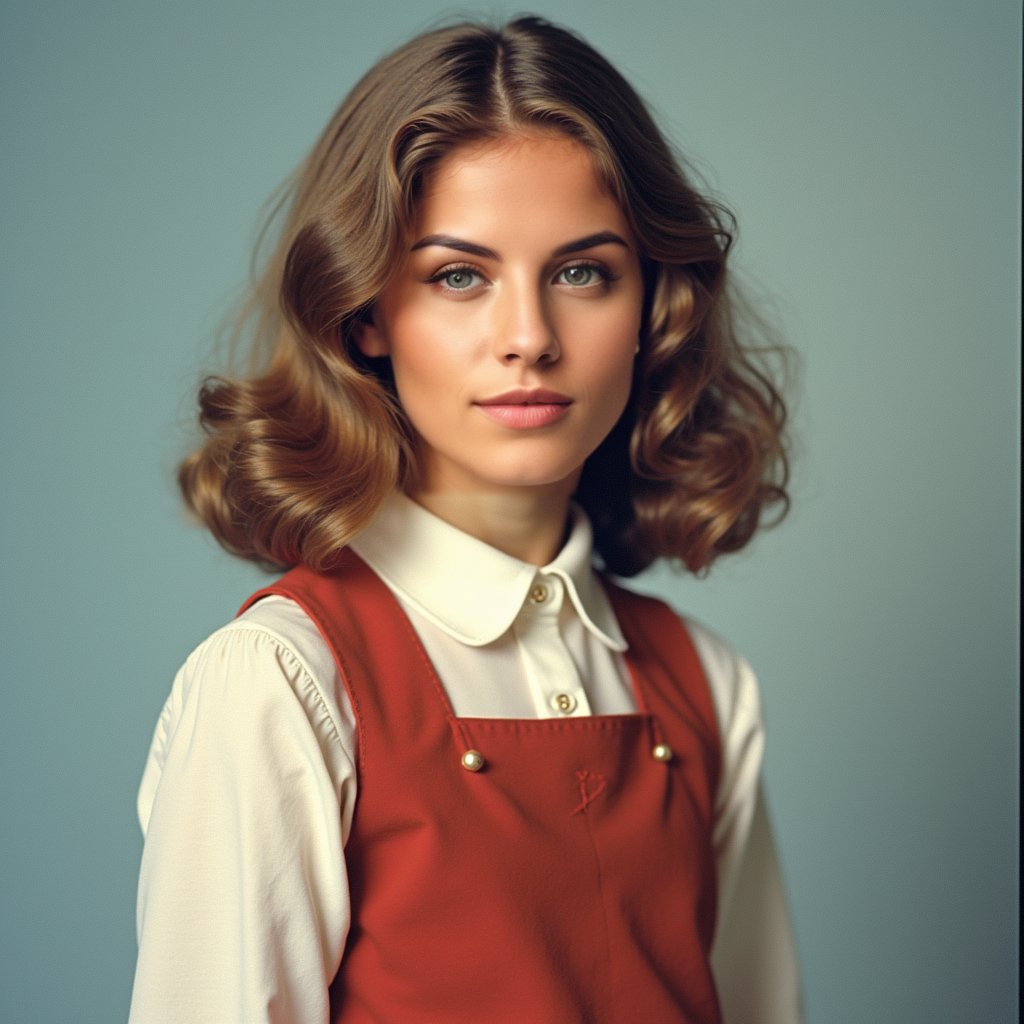 School dress, blue background, 1990s style, warm lighting.