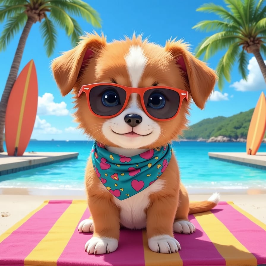 cute puppy in a colorful bandana and sunglasses, lounging on a vibrant beach towel, against a bright sunny backdrop with palms trees and surfboards