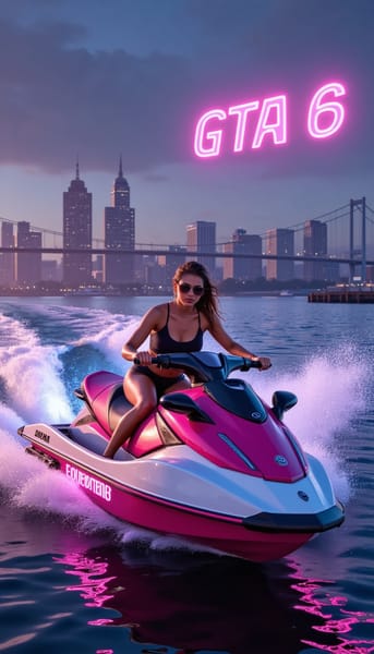 A neon "GTA6" logo glows vibrantly against a dark, urban backdrop, its sleek, modern font radiating bright pink and blue neon hues that cast subtle reflections on the wet asphalt below. Soft, diffused light from nearby skyscrapers softly illuminates the surrounding concrete, with a distant highway visible through a misty haze, capturing the essence of a futuristic metropolis at dusk. The logo's vivid details and textures are in sharp focus, blending seamlessly into a photorealistic city environment with a sense of depth and atmosphere. The overall composition balances the logo's vibrant colors with the muted tones of the cityscape, inviting the viewer into a video game-inspired world.