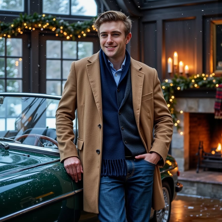Man leaning against a deep-green vintage convertible parked near a pine-lined driveway, subtle snowfall. Hairstyle: slicked back with matte finish, short beard trimmed. Attire: camel wool coat, navy cashmere scarf, leather driving gloves. Fabric details: crisp wool texture, fine cashmere fibers, glove patina. Camera: slightly low angle, 35mm, f/2.0 for cinematic perspective. Lighting: cool blue dusk ambient + warm reflection from nearby holiday lights. Background: blurred evergreen garlands wrapped around lampposts, faint glow of mansion windows. Pose: relaxed, one hand in pocket, the other on car edge. Render: highly detailed, highly realistic, HDR; reflections visible on coat buttons and car chrome.
