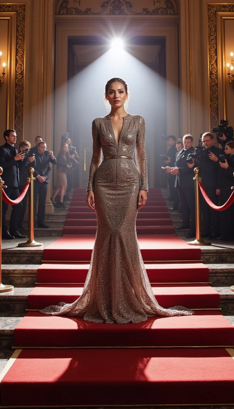 A star makes a bold entrance under a single overhead spotlight, casting sharp shadows and illuminating a sculptural gown or tailored tuxedo. Velvet ropes and paparazzi flashes fill the background.