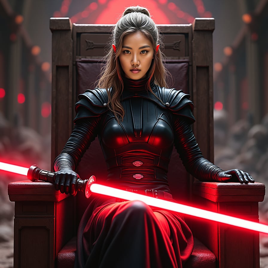 A powerful female Sith sits on a throne, facing the camera with a fierce and intense gaze. The shadows around her are illuminated by her red lightsaber, which she holds across her lap. Her dark armor and the ominous, red-lit chamber create an intimidating atmosphere.