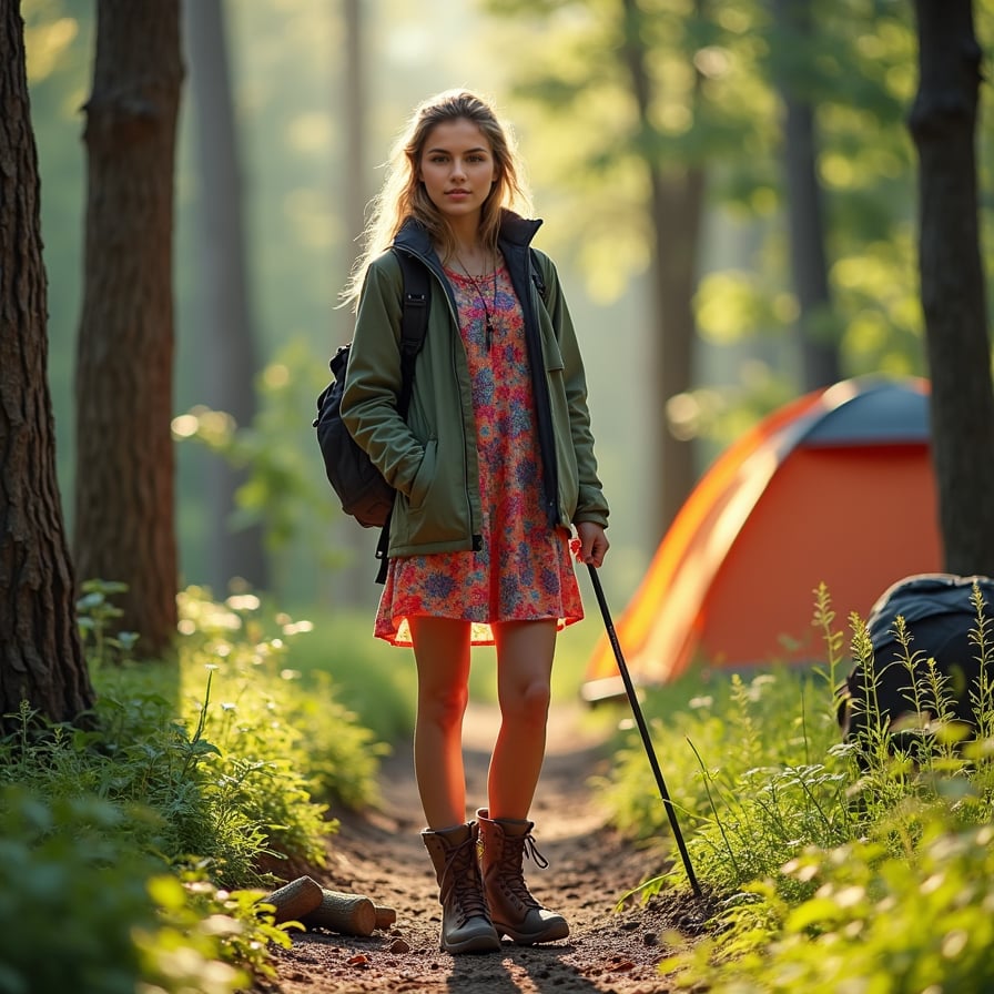 woman wearing outdoor gear, including a fleece jacket and hiking boots, standing amidst a serene forest landscape, surrounded by tall trees and lush greenery, with a camping tent and backpack nearby, posing with a walking stick and a sense of adventure.