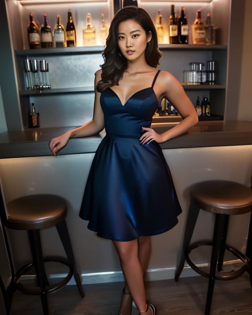 
a beautiful, hot girl at a party bar, wearing short black and blue dresses, standing against a (well stocked bar), (seductive smile), wearing high heels, bar is darkly lit, toned stunning body, ((hyper realism)), smokey make-up, open hair in loose waves, ((full body)), doing different poses

