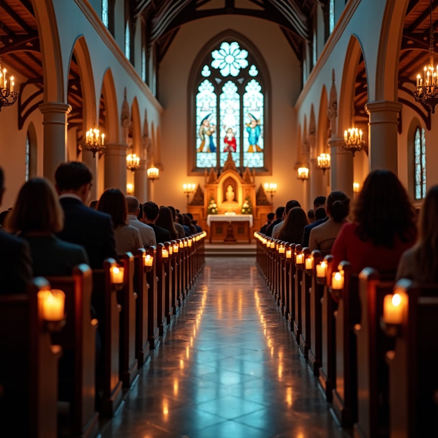 A softly lit church interior at night, candles in each pew, and a warmly glowing altar. The scene features attendees holding small candles, singing carols, and soft stained-glass light patterns on the floor for a serene, spiritual ambiance."
