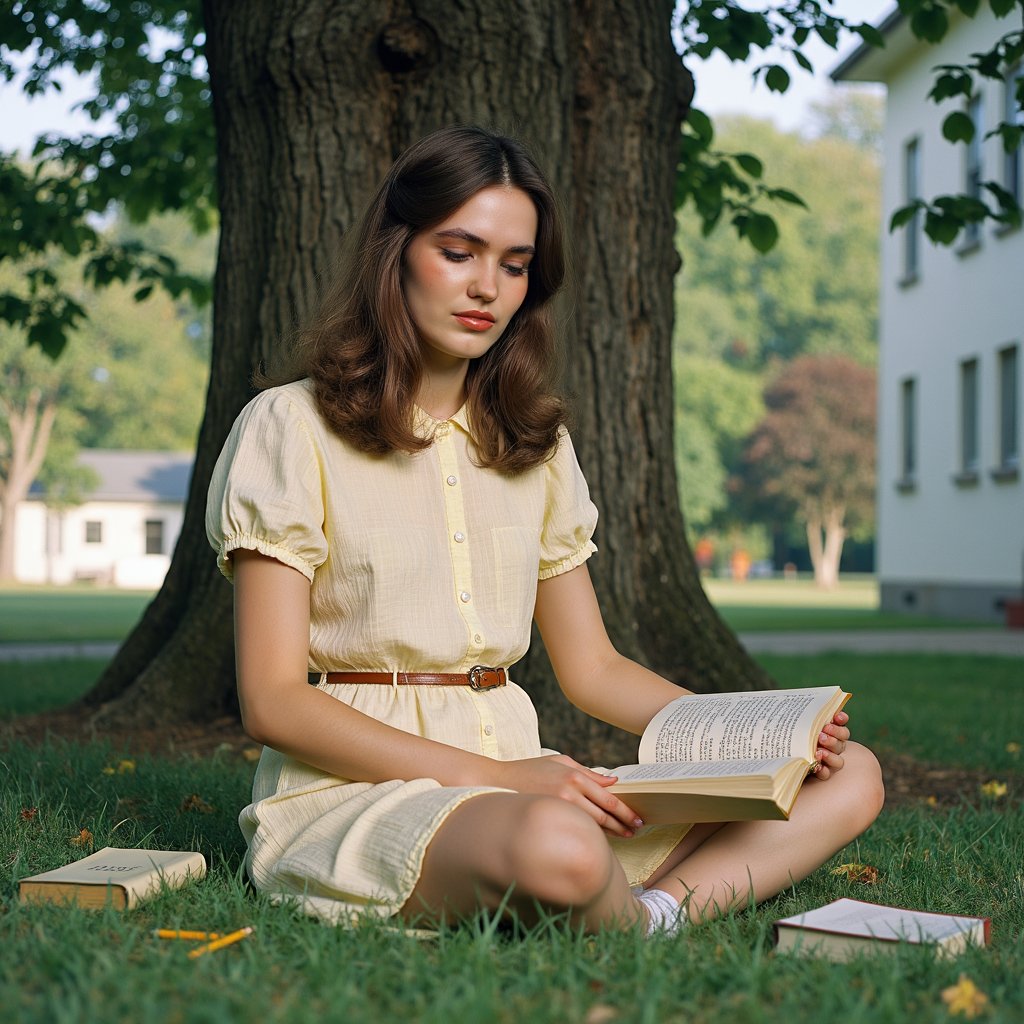 Highly realistic 1960s outdoor yearbook shot of a girl sitting cross-legged on the grass under a large oak tree, captured from a low angle with a 35mm lens. She wears a pastel yellow cotton dress with short puff sleeves, fine vertical ribbing visible in the fabric, and a fitted waistline. A thin brown leather belt cinches the dress, slightly worn at the holes. Her brunette hair is styled in loose waves, a white ribbon tied at the nape. She’s holding a paperback book in both hands, looking down at the page with a faint smile. Skin shows warm golden highlights along the cheek and nose, eyelashes casting delicate shadows. The background is a soft blur of dappled sunlight through leaves, with the texture of grass blades in the immediate foreground rendered in fine detail.