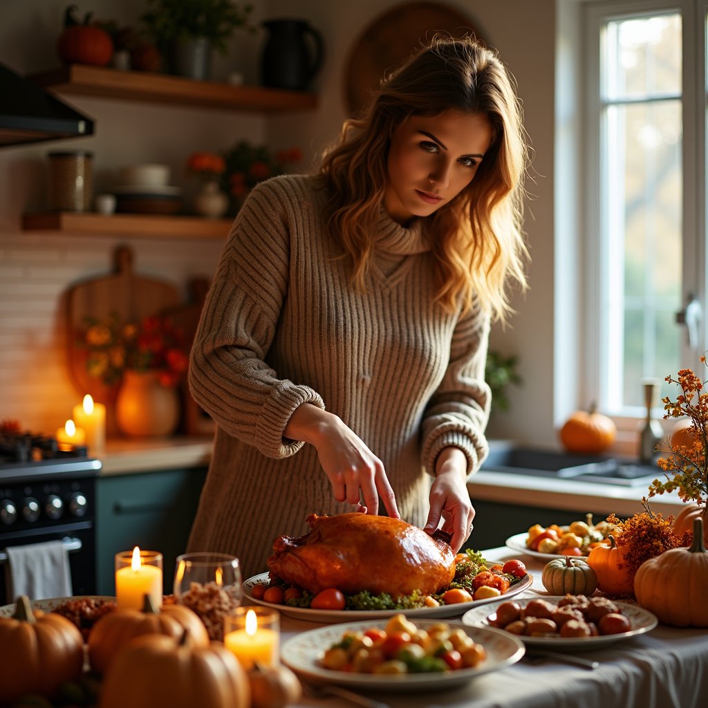 woman decorating the room for thanksgiving