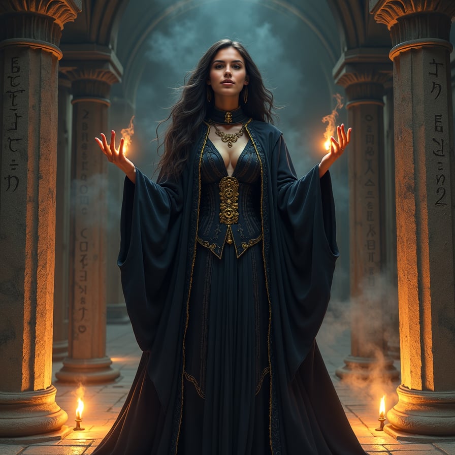 Illustrate a regal vampire priestess standing in an ancient temple filled with towering stone columns and intricate carvings. She has dark skin, striking gold eyes, and wears a ceremonial robe adorned with golden symbols. Her hands are raised in a mysterious ritual as dark magic swirls around her, and candles and torches cast a warm yet haunting glow. The temple is ancient and worn, with symbols from forgotten languages covering the walls