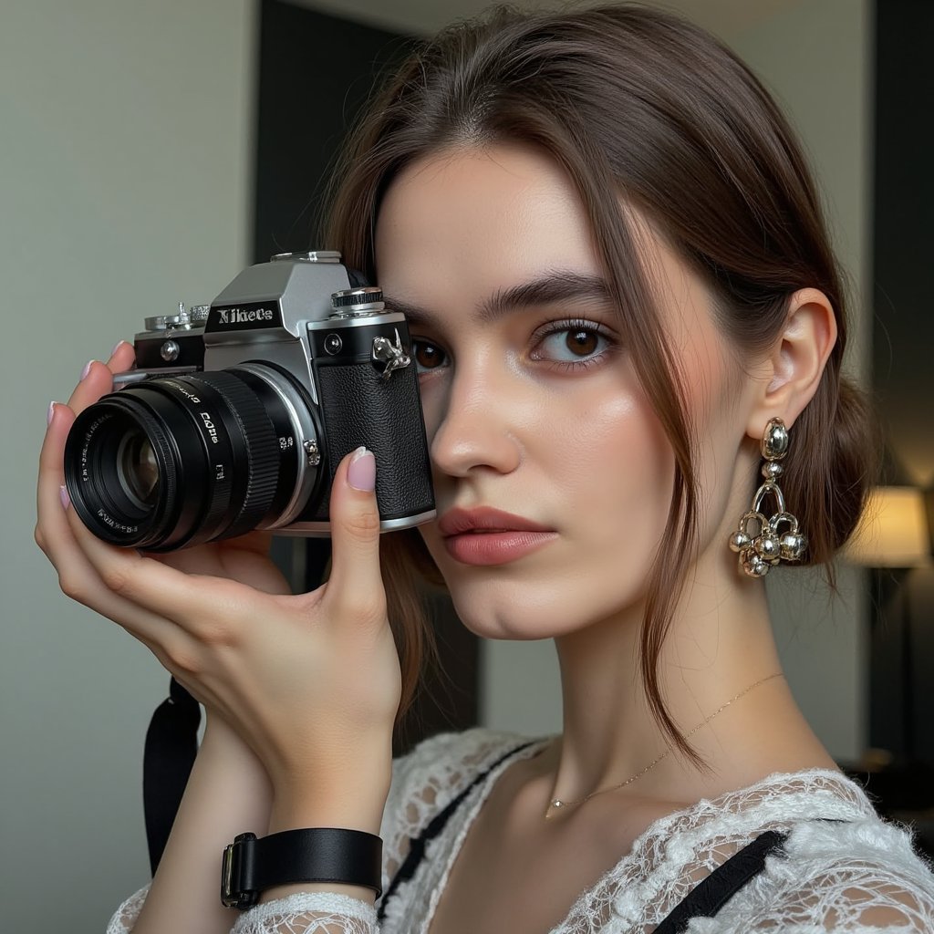 Bold close-up of a female photographer adjusting her lens, eyes focused, monochrome outfit, dramatic lighting setup, honoring World Photography Day creators