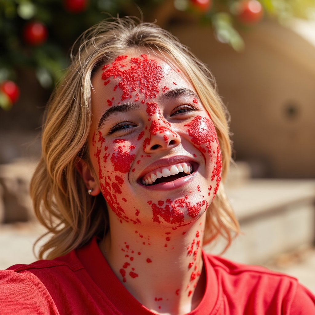 woman with a joyful, free-spirited expression, her face and clothing covered in bursts of tomato red. Her presence feels expressive and radiant, with sunlight adding warmth and clarity to every detail. The background is softly blurred, with hints of festive color in the air. Lighting is clean and natural, capturing glistening wet textures and rich saturation. Hyper-detailed, sharp focus, bold colors, lively emotion.