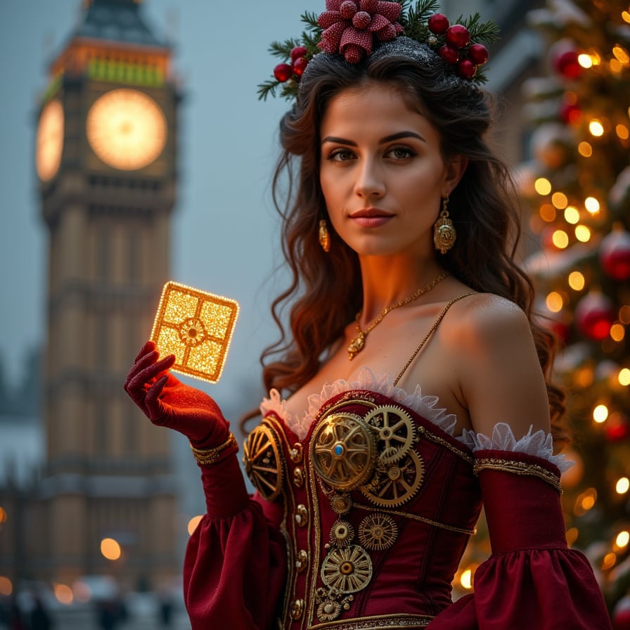 A woman in a Victorian-inspired outfit with intricate clockwork gears embedded in her corset and skirt. She holds a golden pocket watch in one hand and a glittering gift card in the other, which radiates a warm, festive glow. The grand clock tower behind her strikes midnight, and the gift card shines with the promise of a perfect Christmas, set against the backdrop of the twinkling holiday magic that fills the air