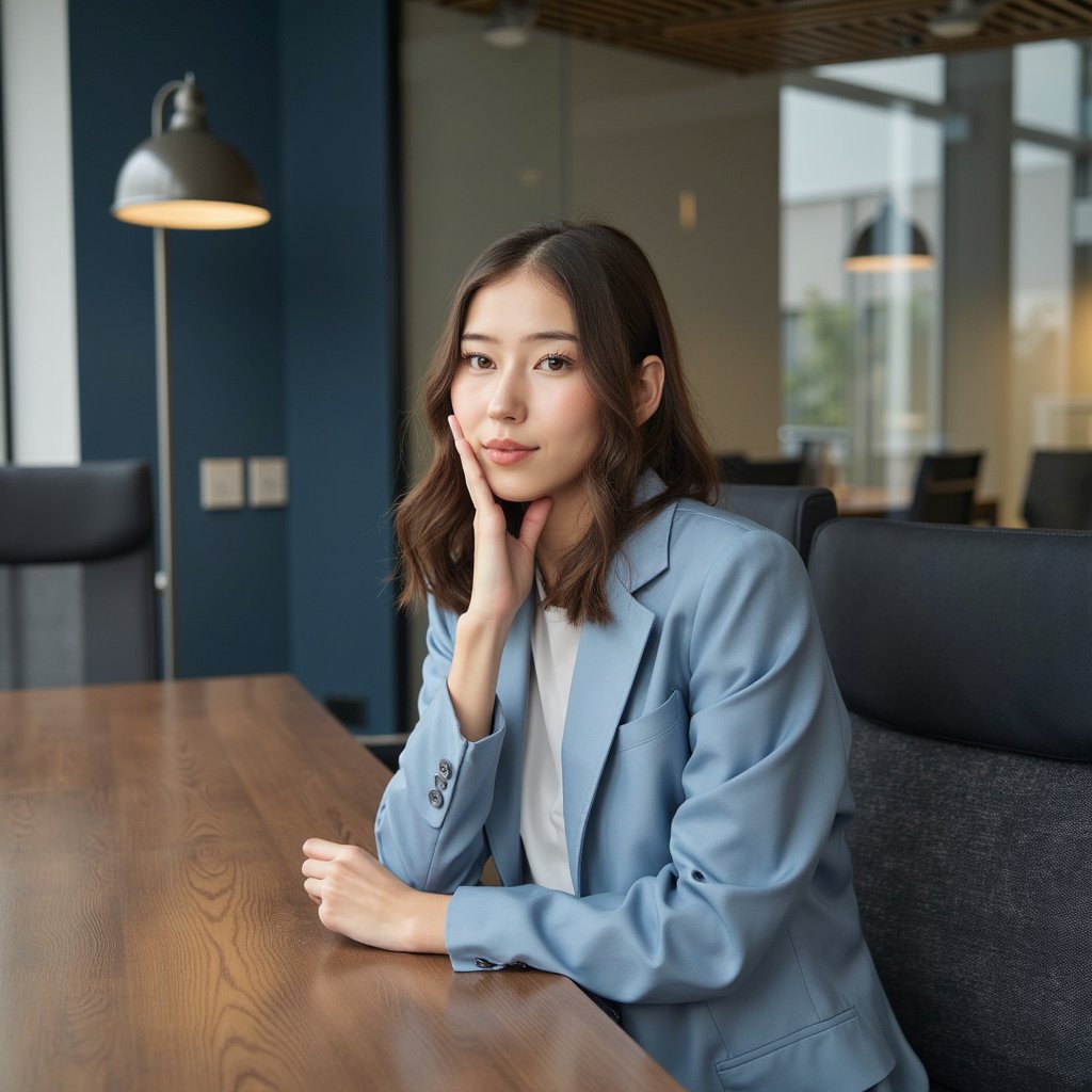Highly detailed, highly realistic HDR image of a woman business manager in a powder-blue tailored pantsuit with subtle sheen, white shell blouse underneath; hair in soft waves at shoulder length. Camera: 50mm lens, f/3.2, ISO 320, half-body shot from seated eye level, slight downward tilt. Lighting: ceiling lights as fill, window daylight key at side; faint shadow beneath chin. Pose: seated at conference table, one hand gesturing mid-sentence, engaged smile. Background: blurred glass partitions and large table surface with reflection, minimal clutter.