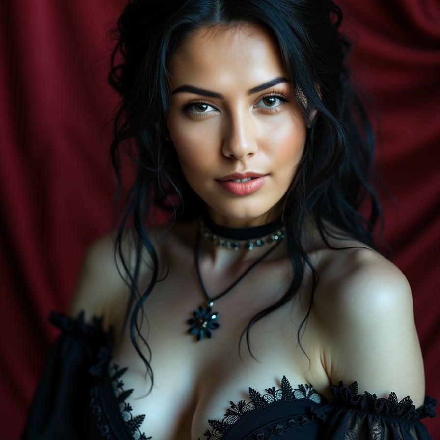 woman with a captivating vampire-inspired look, donning dark attire with lace details, showcasing exposed sharp fangs, against a mysterious, dimly lit, velvet-draped backdrop with subtle hints of mist.