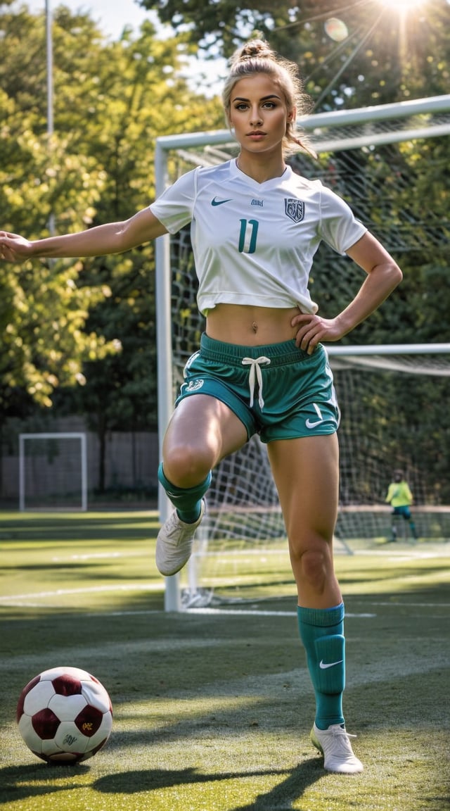 Athletic woman playing soccer, dynamic pose, sunlit field.