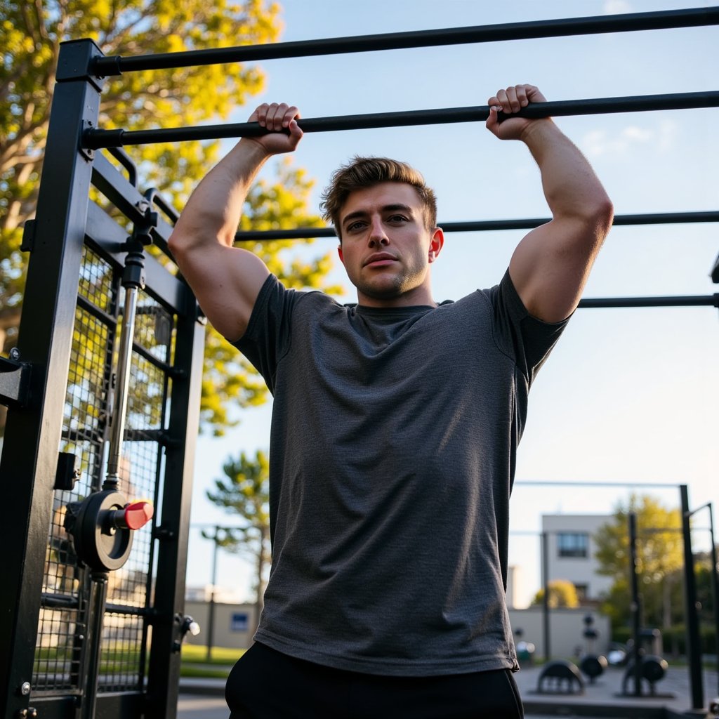 Man at the top of an overhand pull-up on a matte-black bar in a city calisthenics park; short textured crop haircut, light beard, concentrated expression; wearing a charcoal moisture-wicking tee (slight heathered pattern), tapered training joggers, and minimalist trainers; standard overhand grip with chalk residue (no finger interlocking); low angle looking slightly up, 28mm, f/2.8, 1/1000, ISO 200 to freeze motion; late afternoon sun as warm backlight creating rim along shoulders, open sky as cool fill; background of trees and skyline rendered as creamy bokeh, minimal clutter; skin pores, forearm veins, chalk dust, and bar knurling sharply defined; highly detailed, highly realistic, HDR.
