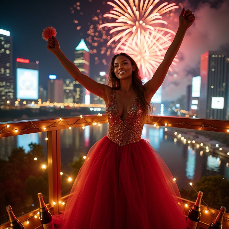 woman in glamorous, floor-length party dress, sparkling sequins and tulle, bold and vibrant in shades of red, gold, and silver, throwing arms up in excitement and joy, holding a noisemaker in one hand, standing on a balcony, against a backdrop of a night sky filled with exploding fireworks, colorful and dynamic, with flashes of light and smoke, capturing the essence of celebration, magic, and new beginnings.