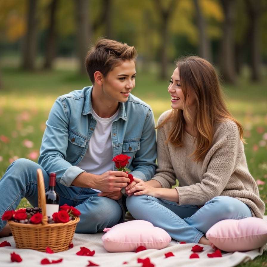 A couple sharing a laugh on a picnic blanket in a park, surrounded by rose petals, heart-shaped cushions, and a basket filled with chocolates and wine