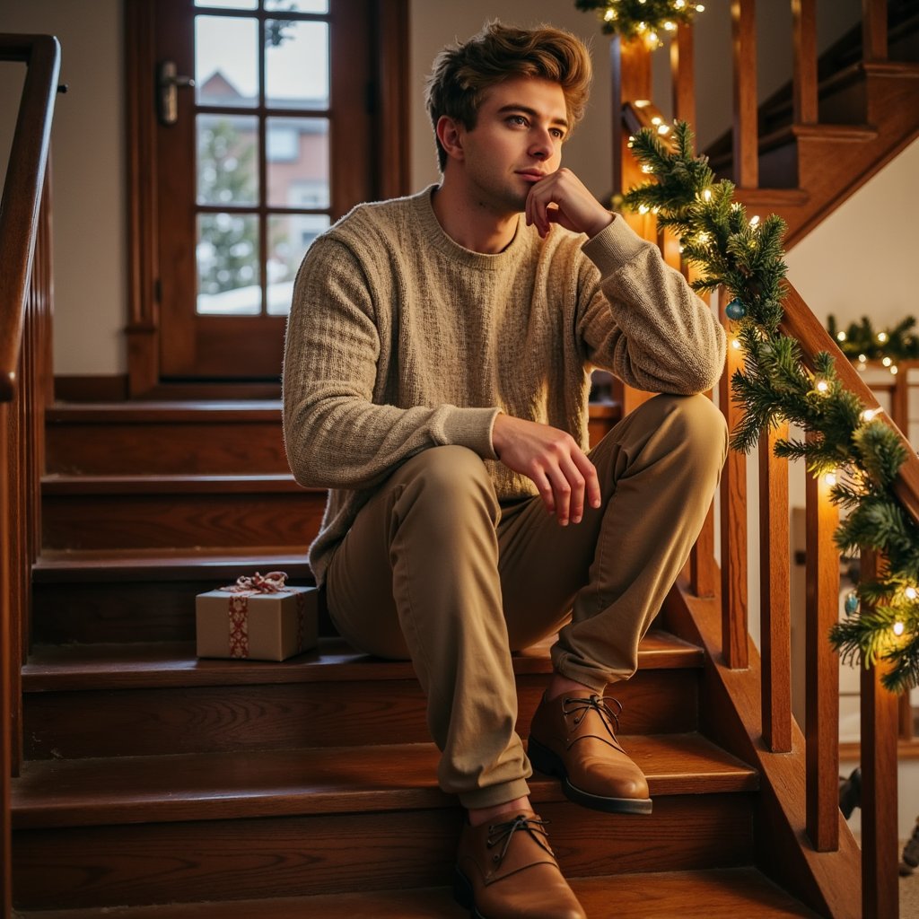 slightly high angle, close up of a man sitting on a wooden staircase decorated with simple christmas garland and subtle string lights along the railing. he wears a casual knit sweater with chinos, one elbow resting on a step behind him as he looks up toward the camera with a relaxed, thoughtful expression. a single opened gift box sits on a lower step, suggesting a quiet break during festivities. the lights along the railing create soft, warm reflections on the wood and gentle highlights in his hair, while the background fades into soft shadow to keep focus on him. the palette stays warm and inviting with just a faint suggestion of cooler tones from a distant window or hallway. cinematic staircase framing, ultra-detailed textures in wood, fabric, and skin, highly realistic, hdr.