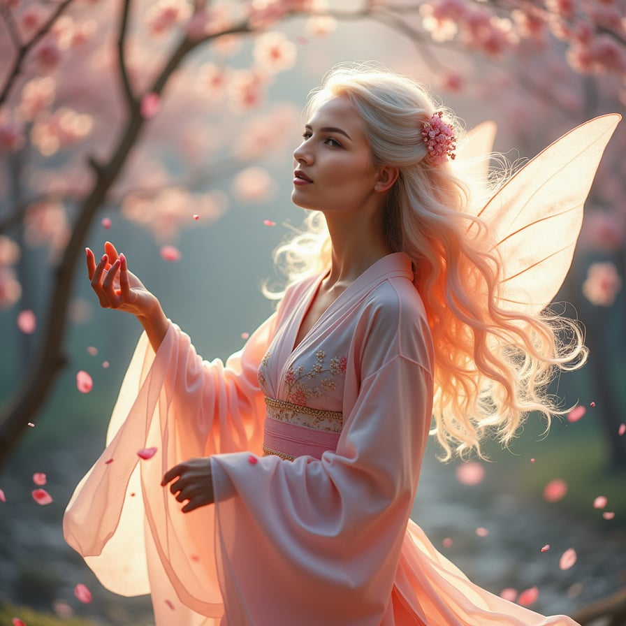 A magical fairy-like woman with flowing pastel hair dances among floating cherry blossoms in an ethereal, enchanted forest. Her translucent wings catch the golden light, and tiny glowing particles follow her movements