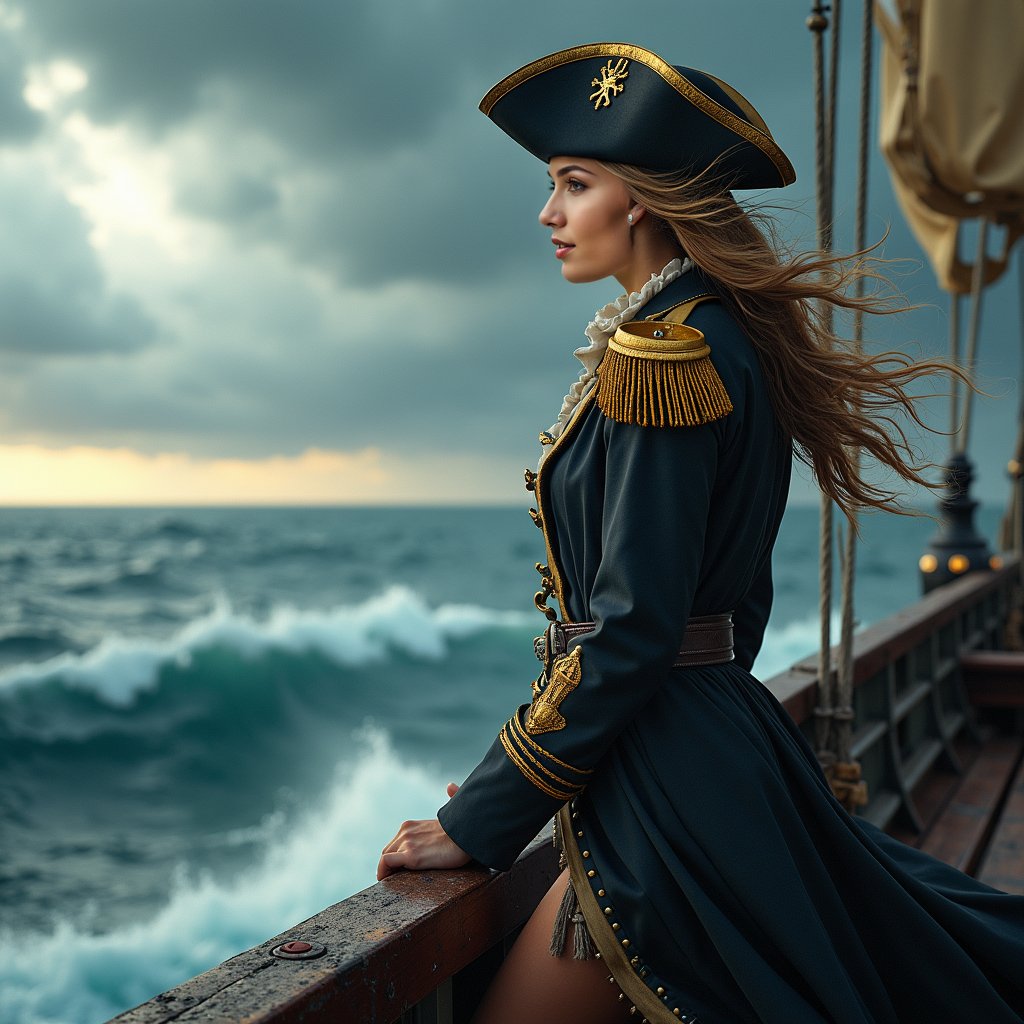 woman in pirate captain attire, adorned with gold epaulets and a tricorn hat, standing on the bow of a weathered pirate ship, gazing out at the turbulent sea with a determined expression, windswept hair and a billowing coat, dramatic stormy clouds and crashing waves in the background.