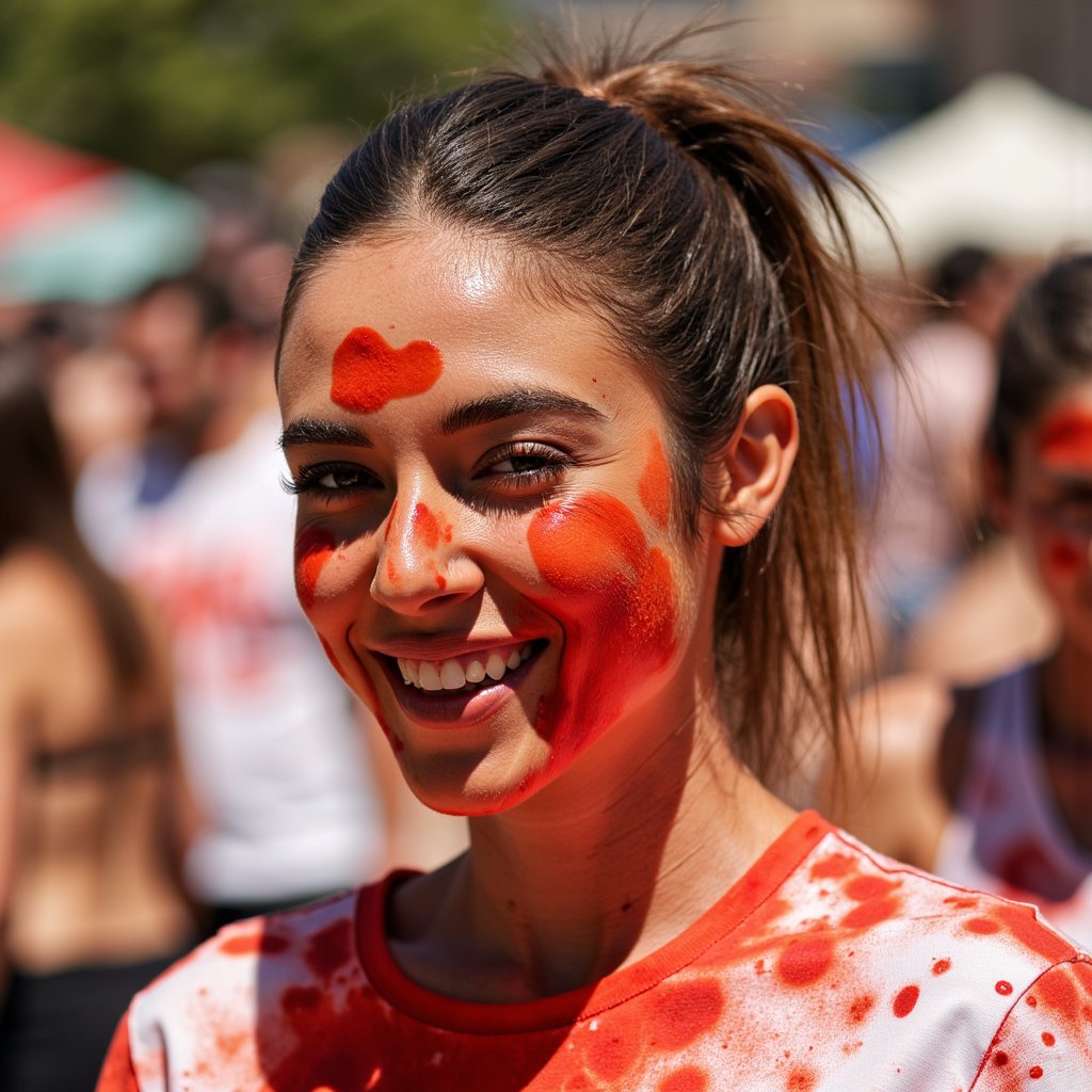 Headshot of a playful woman winking with tomato sauce smeared across one cheek, messy ponytail, red-stained festival shirt, pure La Tomatina joy