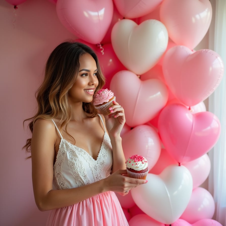 A model surrounded by pastel-colored heart-shaped balloons, wearing a pink and white dress with lace details, holding a cupcake with heart sprinkles.