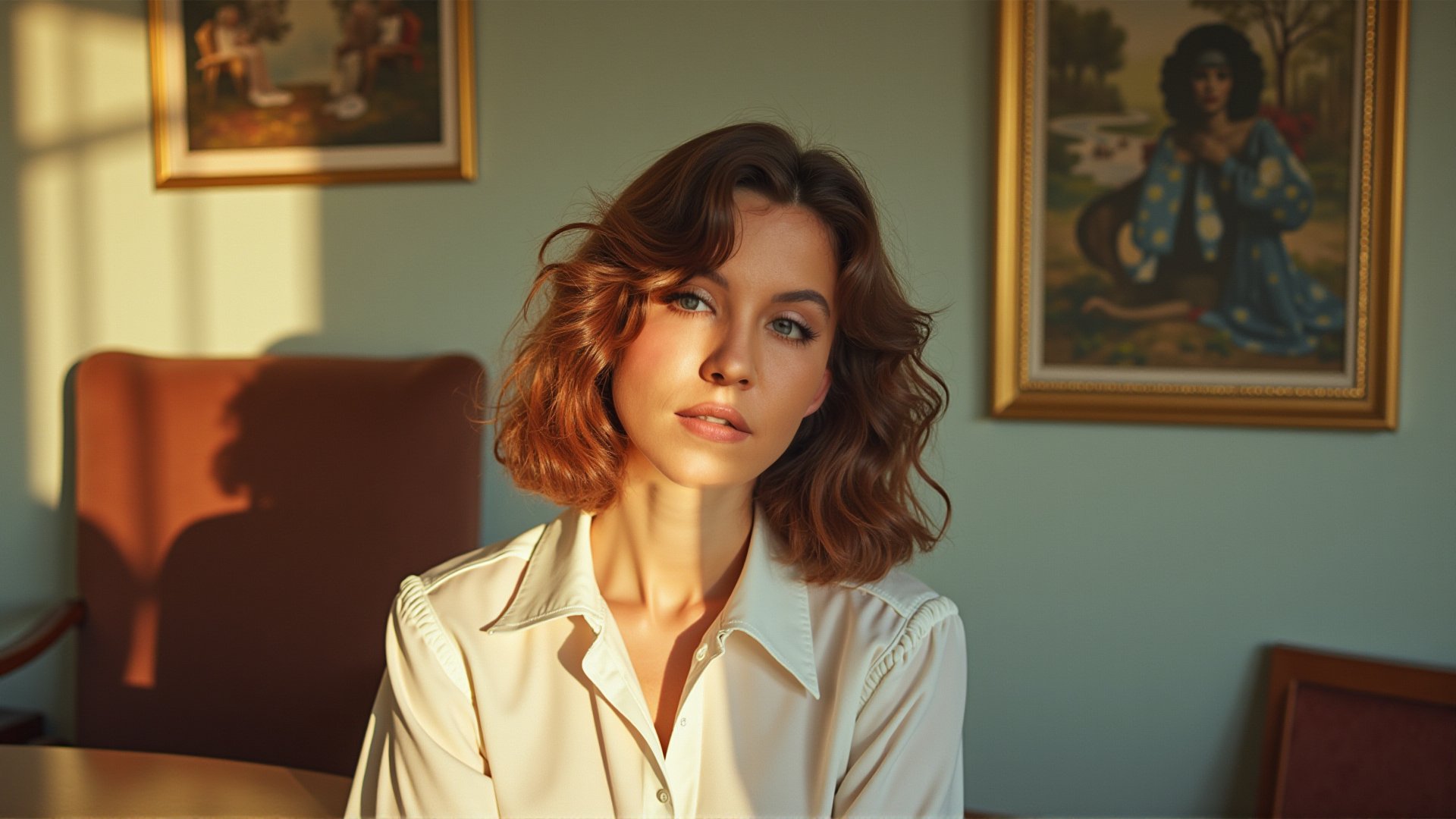A vintage fashion photoshoot of an attractive woman in the style of Vogue, and a white blouse under natural lighting with soft shadows and pastel colors. The photo was shot with a Canon EOS R5 camera and received professional color grading, and depth of field., cinematic, cinematic lens flare, high quality., high resolution photography, in a candid pose, in the style of cinematic light, looking at the camera, natural skin texture, resembling magazine photography., soft focus, ultra detailed, warm tones