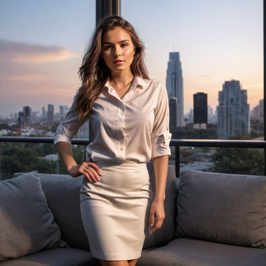 girl in a tailored suit, posing confidently, city skyscrapers in the background, sunset glow, luxurious atmosphere