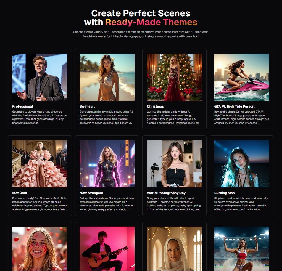 Grid of PhotoGPT presets, showing cards for professional, seasonal, and cinematic themes