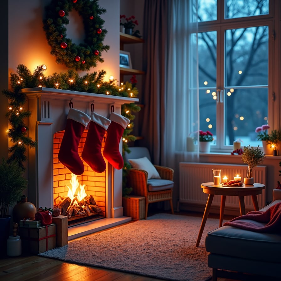 A cozy living room at night, a fireplace with stockings, a small side table displaying a plate of cookies, a glass of milk, and a few carrots. Twinkling fairy lights reflect in a nearby window, hinting at Santa’s arrival under a starry sky.


