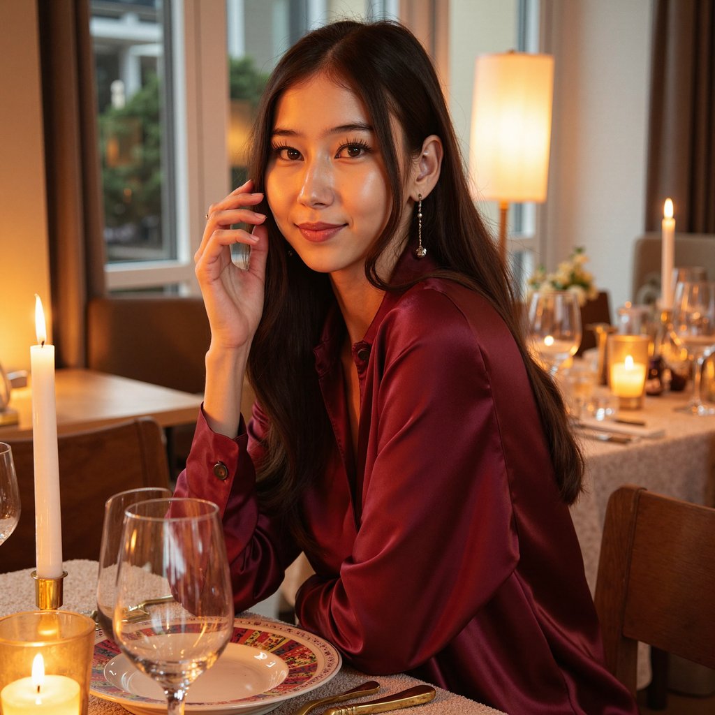 Highly detailed, highly realistic, hyperrealistic HDR portrait of a woman (female, ~34 yrs) seated waist-up at a Thanksgiving dinner table illuminated by soft candlelight. She wears a deep wine-colored satin blouse with subtle folds and sheen. Her hair is styled in gentle loose waves, falling naturally around her shoulders. The camera is at eye level, focusing sharply on her calm smile and relaxed posture, with a shallow depth of field blurring the dinner setting behind — faint shapes of plates, a flickering candle, and golden cutlery. Warm amber light from the candles creates reflections on glassware and highlights in her eyes. The atmosphere feels cozy, cinematic, and elegant. HDR, high resolution, high quality, highly detailed, photorealistic.