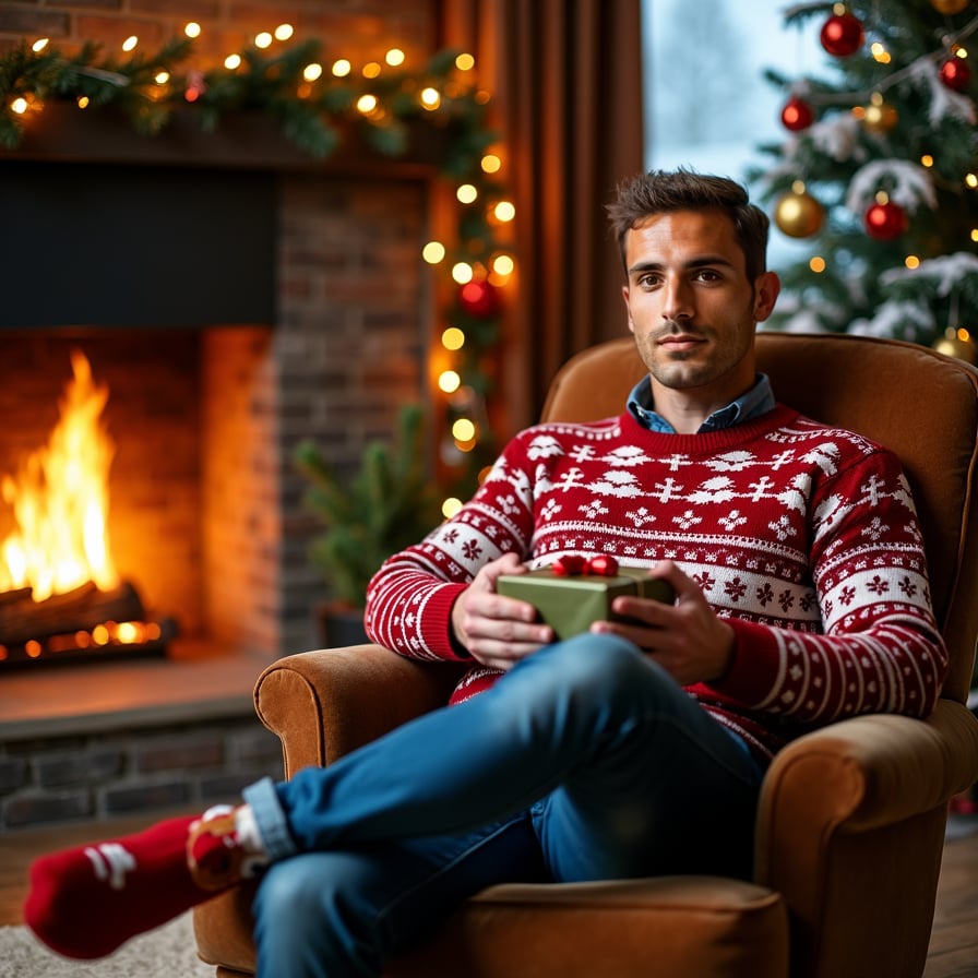 A man wearing a festive sweater and reindeer socks sits in a comfy armchair by a crackling fireplace. He’s holding a small, wrapped present with twinkling Christmas lights and a decorated tree in the background