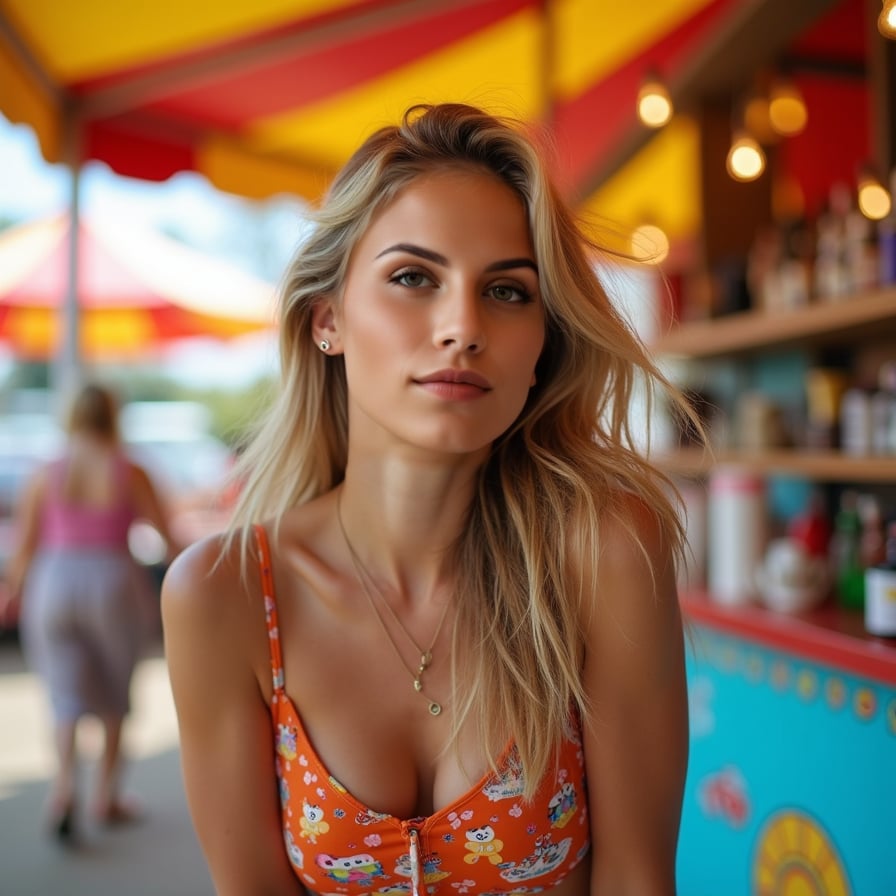 woman with a playful expression, such as a light laugh or a curious gaze. She is styled in vibrant, casual clothing and set against a bright, fun background like a carnival or café. Her energy is lively and inviting, perfect for showcasing her fun-loving personality