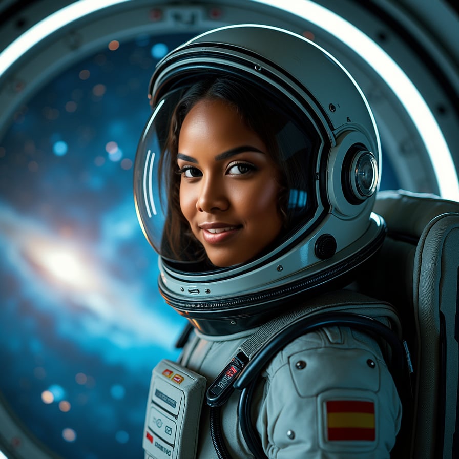 A striking image of a woman standing confidently, facing the camera with a cosmic scene behind her. She’s dressed in a futuristic, high-tech uniform with glowing accents. Her gaze is intense and determined, with stars, nebulae, and swirling galaxies filling the background, giving her an ethereal aura