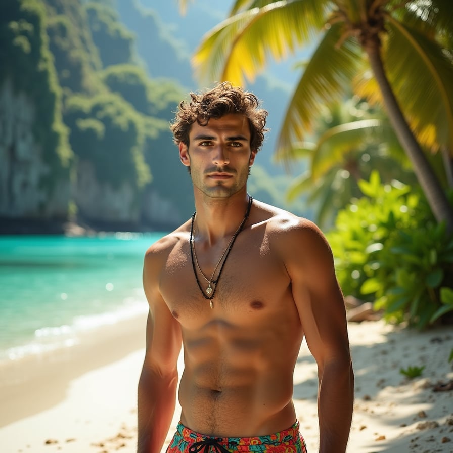 man in tropical island wear, standing on a pristine white sandy beach, palm trees and turquoise waters in the background