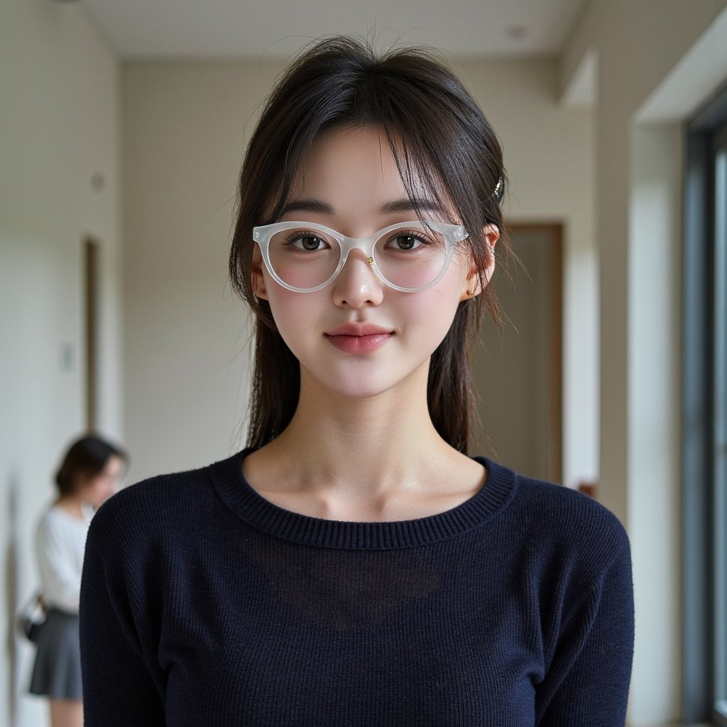 Hyper-realistic 1960s senior portrait of a girl wearing bold, upswept cat-eye glasses with translucent pearl-white frames, captured chest-up with an 85mm lens. Her hair is styled in a smooth bouffant with curled ends, parted slightly to the side, each strand meticulously detailed. She wears a dark navy wool sweater with fine ribbing along the neckline, subtle fuzz on the fabric visible in HDR clarity. A small gold heart pendant rests on the collarbone, catching a pinpoint highlight. Her complexion is porcelain with light freckles across the nose and upper cheeks, faint blush, and a natural satin sheen across the forehead. Lips are matte rose-pink, closed in a gentle, confident smile. Studio lighting from the left casts soft shadows under the chin and cheekbones, with a muted charcoal-grey backdrop providing depth without distraction.