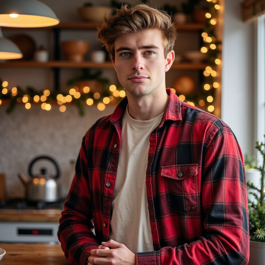 Waist-up portrait of a man standing in a holiday-lit kitchen, leaning lightly against the counter, hands loosely clasped in front, no motion. He wears a deep-red flannel shirt layered over a cream thermal tee; flannel pattern threads visible in crisp detail. Hair: slightly messy textured quiff; clean-shaven. Lighting: warm overhead pendant lights with soft falloff on one side, plus a subtle orange glow from a stovetop kettle off-frame. Background: blurred Christmas cookie tin, pine sprigs, soft-string lights—minimal clutter, shallow DOF. Camera: 50mm f/2 at slight lower-than-eye angle for a homey vibe; highly detailed, highly realistic, HDR with clear textile structure and natural skin texture.