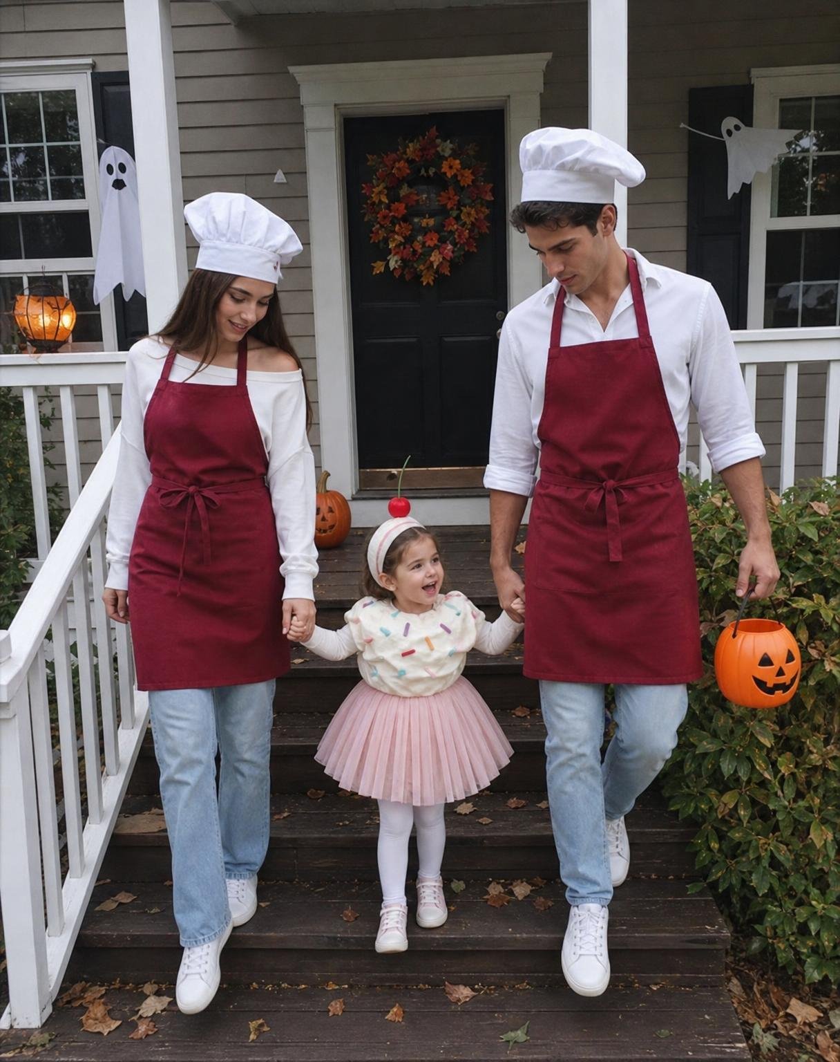 Create a natural, unposed Halloween family photograph using the uploaded couple’s images strictly for facial identity. Preserve their recognizable facial features, but do not copy their original expressions, hairstyles, makeup, poses or camera angles.
SCENE: A young couple with their entirely AI-generated 3-year-old daughter outside their ordinary suburban home on Halloween afternoon, getting ready for trick-or-treating.
COSTUMES: BOTH parents wear matching deep-red bakery aprons over casual white shirts with simple white chef hats. Their daughter wears a cute, handmade cupcake costume with a soft pink pleated wrapper-shaped skirt, fitted cream frosting-inspired bodice, colorful fabric sprinkles and a tiny cherry headband. The costume must look like real sewn clothing, not a rigid cupcake container or ordinary party dress.
MOMENT: The family is casually walking down their front porch steps. The mother holds the little girl’s hand while the father carries her small orange trick-or-treat bucket. The child looks excitedly toward the decorations. Natural, different expressions, relaxed movement, no one deliberately posing.
SETTING: A believable residential porch with a few real pumpkins, autumn leaves, a simple Halloween wreath and small paper ghost decorations. Ordinary neighborhood surroundings, slightly imperfect and lived-in.
PHOTOGRAPHY: Genuine handheld smartphone snapshot taken from several feet away at adult eye level. Full-body 4:5 framing, natural overcast daylight, realistic skin and fabric, ordinary camera exposure, slight motion imperfections and neutral colors.
Avoid polished faces, beauty filters, studio lighting, cinematic color grading, staged family portraits, identical expressions, excessive decorations, artificial backgrounds, oversized cupcake costumes and professional advertising aesthetics.
The final image should resemble a real family’s casual Halloween photo taken by a friend, not a fashion campaign or AI-generated photoshoot.