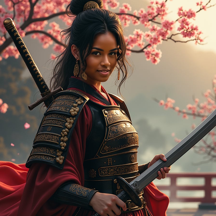 Japanese samurai girl in ornate, traditionally crafted armor, adorned with family crests and symbols, posing confidently with a gleaming katana sword held upright, hint of determination in her piercing brown eyes, against a dramatic, misty Japanese landscape background with blooming cherry blossom trees and subtle hints of fog rolling in, warm golden lighting.
