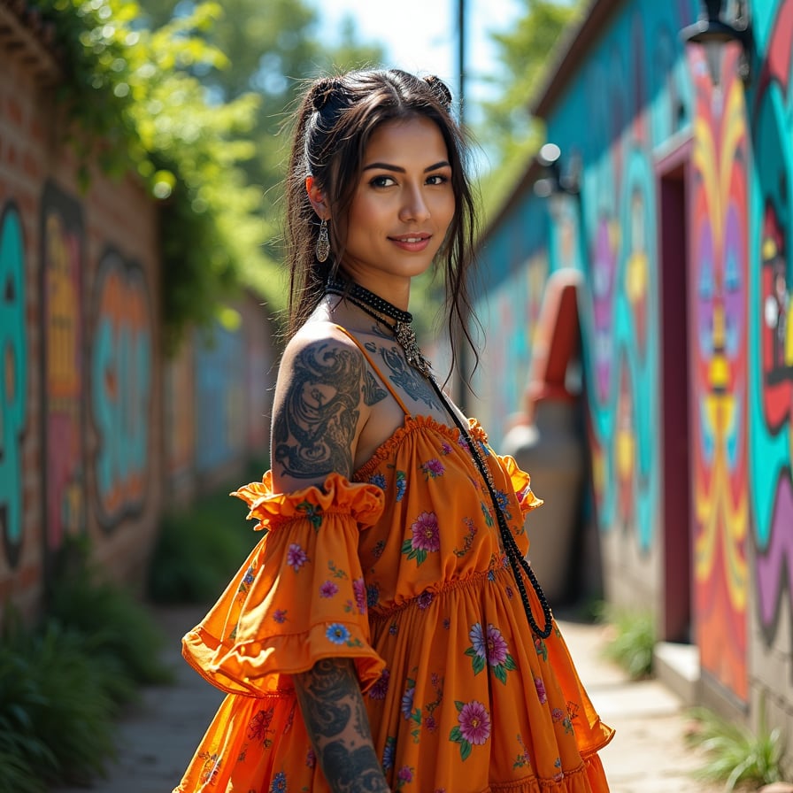 woman in vibrant, flowing maxi dress with floral patterns and layered ruffles, adorned with statement jewelry, posing against a bright and airy outdoor backdrop with lush greenery.