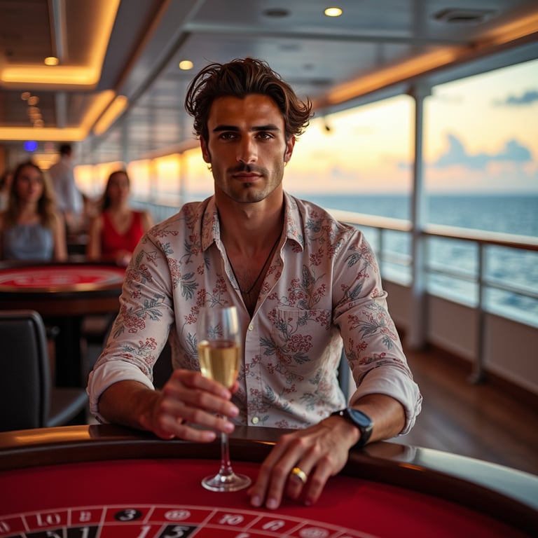 Casino Night: The model is in the ship’s casino, printed  dress in glamorous eve