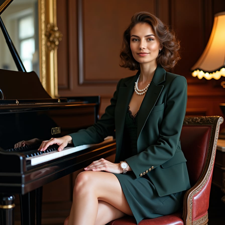woman seated at a grand piano or near a gilded mirror. She is styled in a 1920s or 1940s-inspired dress, with her hair in soft curls or a classic updo. The atmosphere should be luxurious, with soft, warm lighting accentuating the scene's sophistication