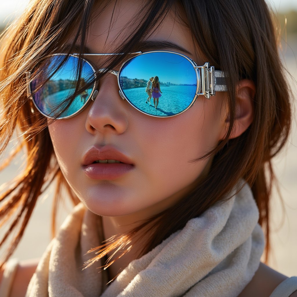 Portrait of a desert festival-goer at Burning Man 2025, reflective goggles, dust-covered scarf, windblown hair, golden hour desert lighting