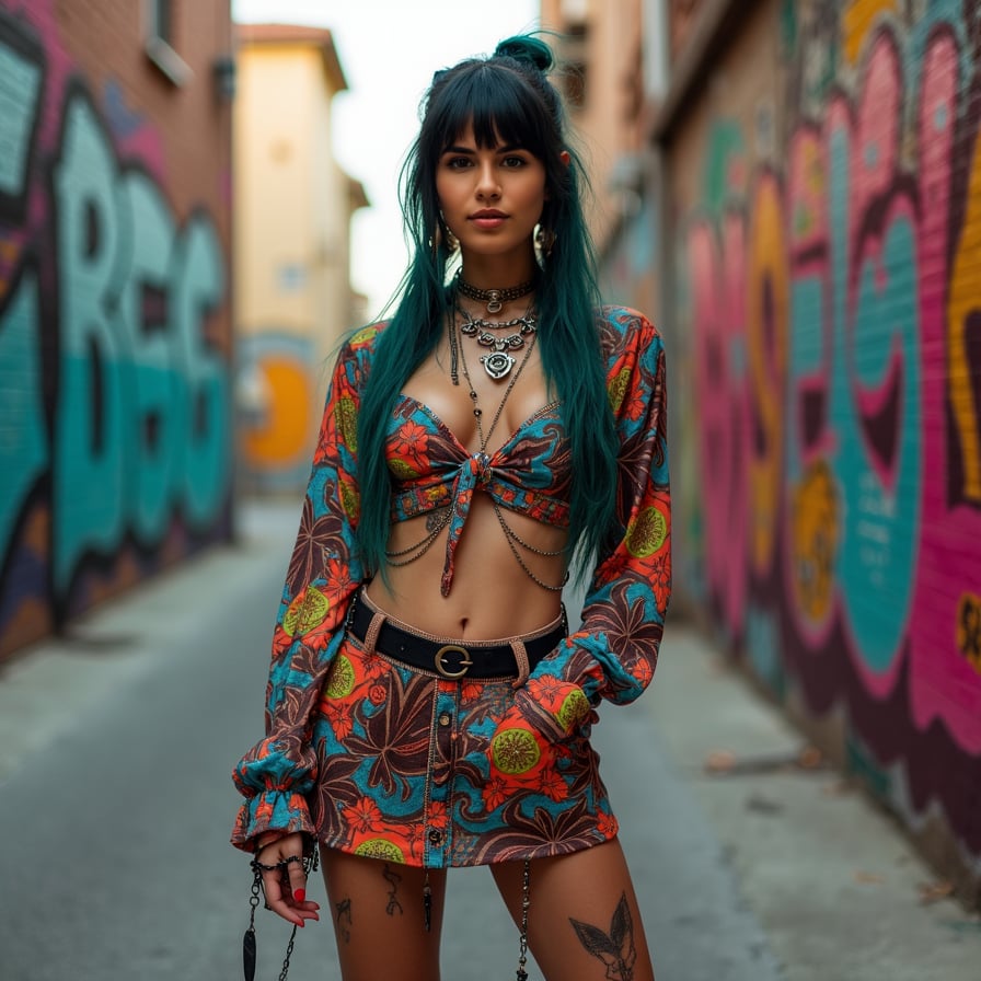 woman in a vibrant, eclectic street style dress with bold prints and bright colors, statement accessories, posing confidently against a gritty urban backdrop with graffiti-covered walls and trendy street art.
